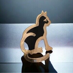 Vintage DURI, Cat Brooch, Black Enamel, Gold Tone